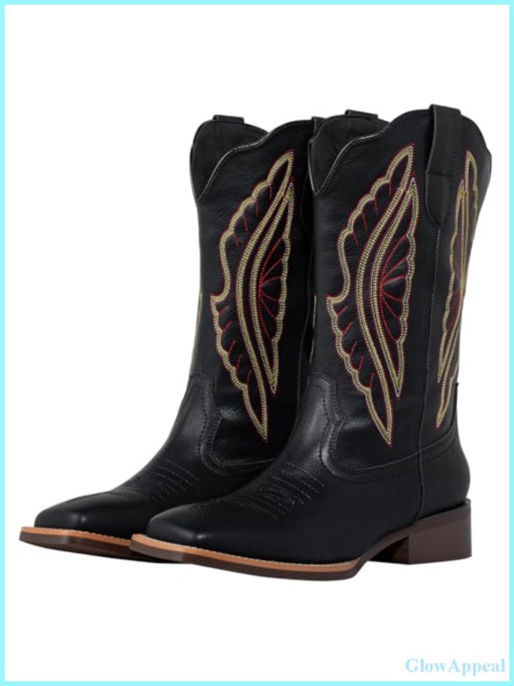 Women's Square Toe Western Cowboy Boots Faux Leather Mid-Calf Embroidered
